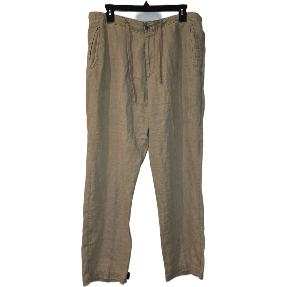 Tasso Elba Island Mens 34x32 Tan 100% Linen Drawstring Straight Leg Pants Khaki